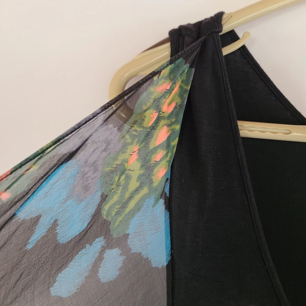 Sundance Black Maxi Dress with Sheer Silk Floral / Peacock Overlay Accent Medium